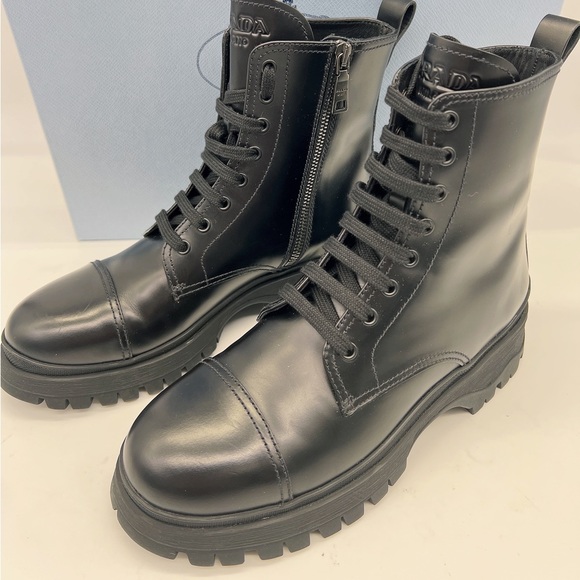 Prada Lug-Sole Leather Combat Boots - Picture 6 of 15